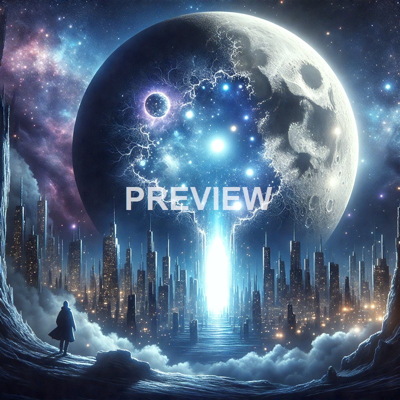 A futuristic scene featuring a cityscape beneath a large, partially skull-shaped moon with a cosmic background, illuminated with vibrant blue and purple hues and lightning-like energy arcs.